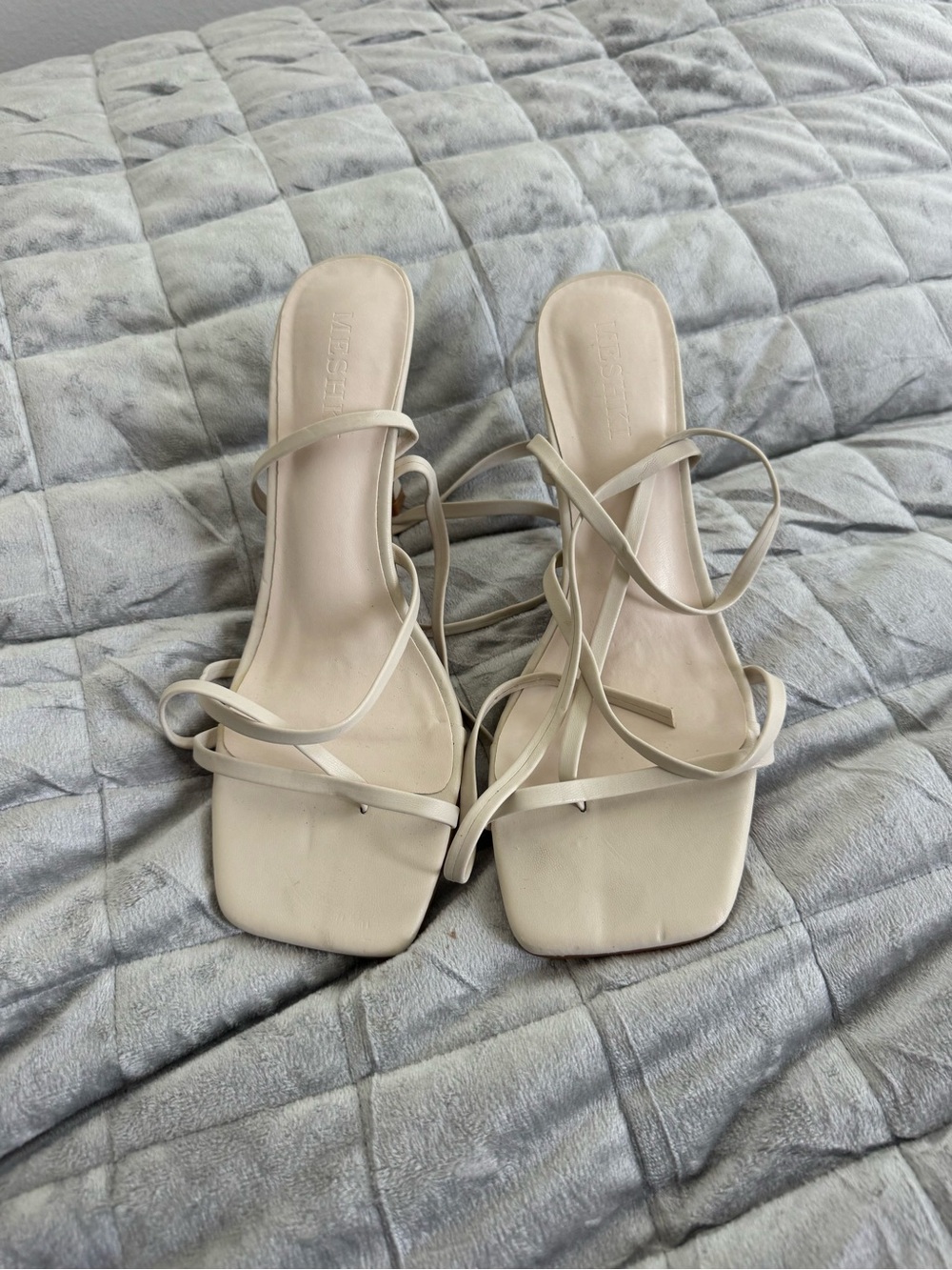 Meshki Cream Strappy Square-Toe Heeled Sandals